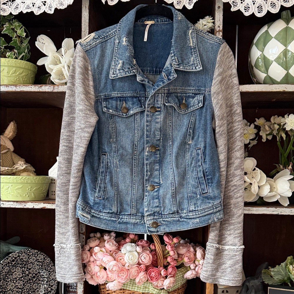 Free People Distressed Blue Denim Jacket with Gray Sleeves